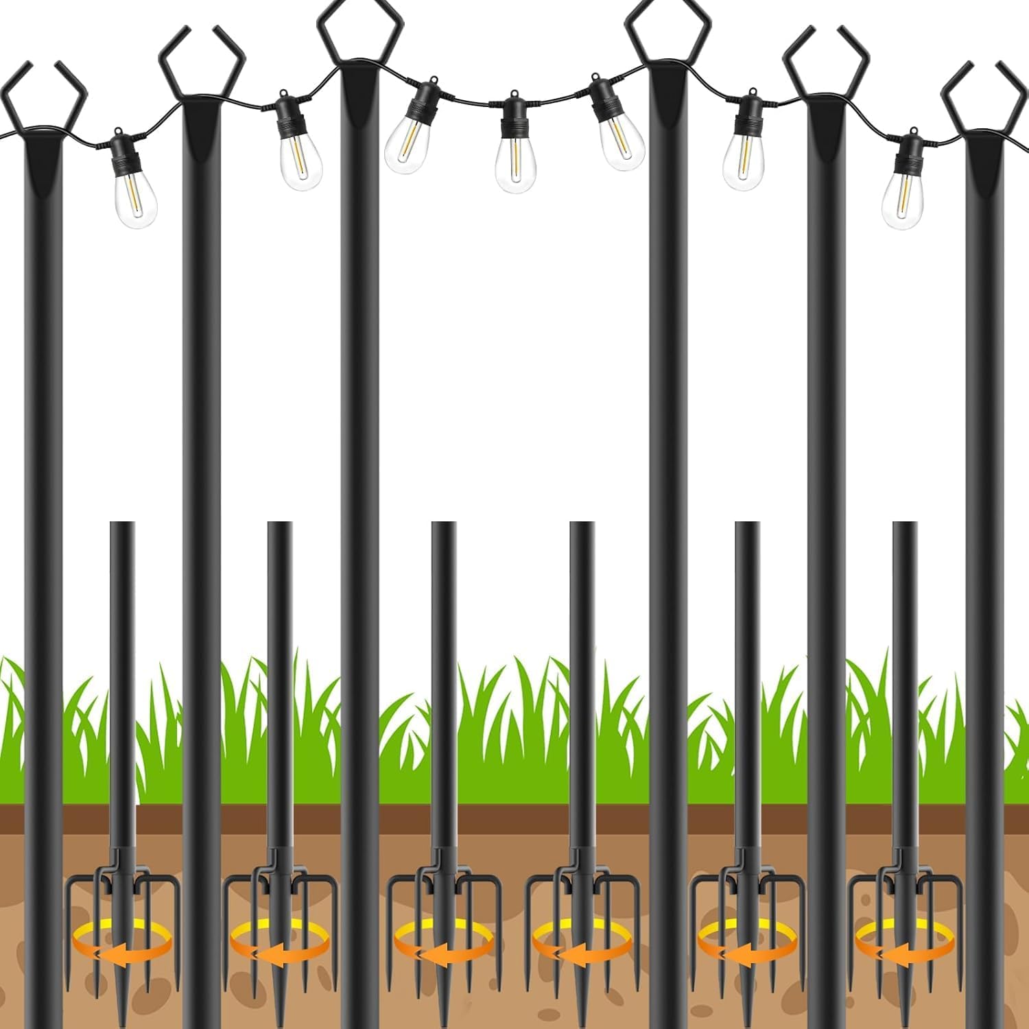 6 Pack String Light Poles, Outdoor String Light Pole 10 ft Forked Metal Light Pole with Adjustable Outdoor Light Stand, Deck, Backyard, Garden, Wedding, Rustproof and Sturdy with Hooks